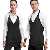 Under NY Sky V Neck Short Apron, Tuxedo Style, 2 Pockets, Pen Slot, Black | Short Unisex Bib, Lightweight, Deep Pockets, Adjustable For Restaurant Staff, Server, Waiter, Chef, Bistro, Hospitality, Gift