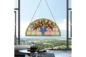 YOURANJU Flowerpot Half Moon Stained Glass Window Hanging - Tiffany Baroque Style 16" x 8" - Half Round Panel for Living Room, Bedroom, Kitchen Decor - Potted Plants Hanging With Chain
