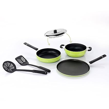 Sumeet Nonstick Festive Six Gift Set (1 Tawa, 1 Kadhai with S.S. Lid, 1 Fry pan, 2 Nylone Spatulas) (Green)