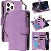 RANYOK Wallet Case for iPhone 16 Pro with RFID Blocking Card Holder, PU Leather Zipper Pocket Flip Folio Case for iPhone 16 Pro Case Wallet with Wrist Strap Kickstand Protective Case (Purple)