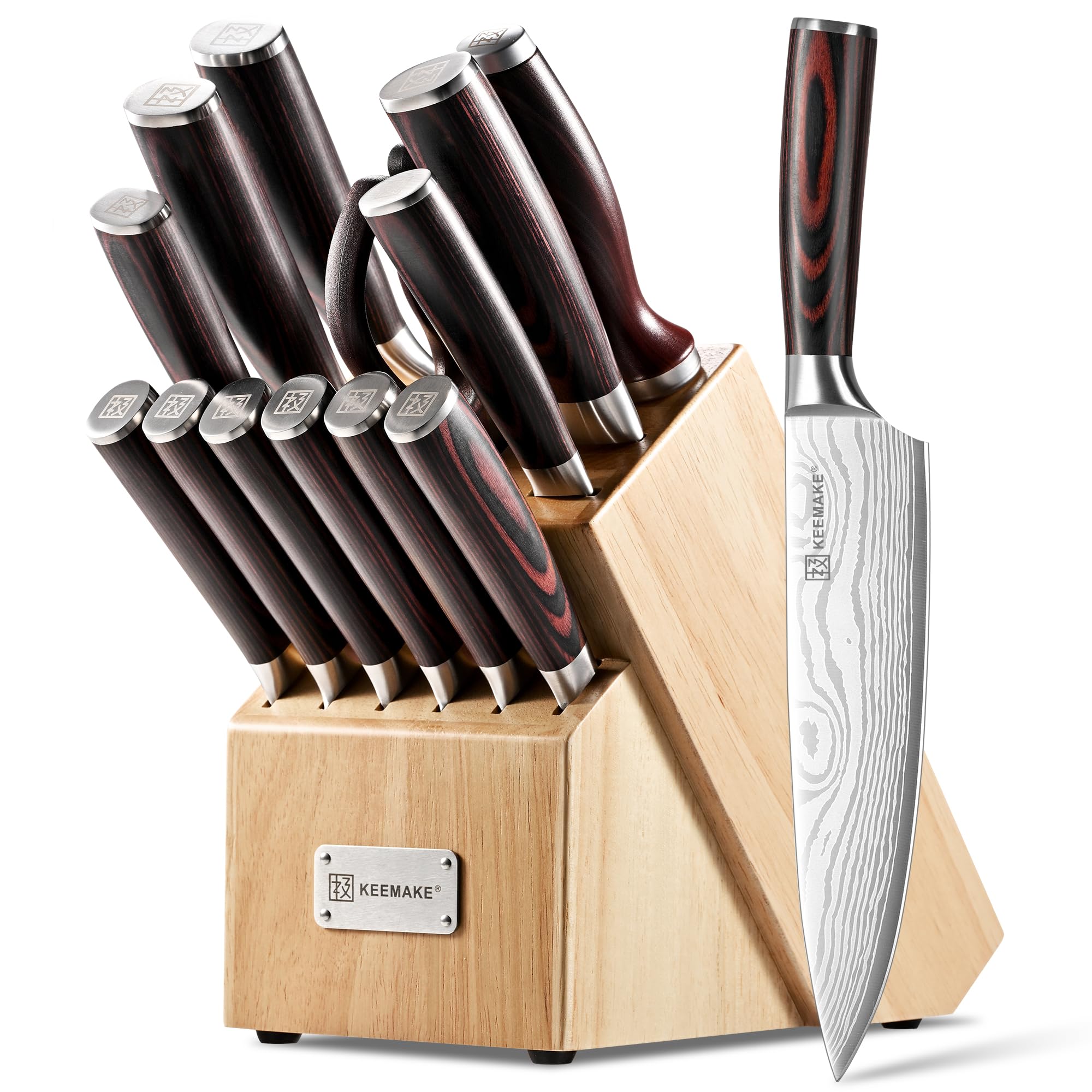 Photo 1 of KEEMAKE Knife Block Set - 14 Piece Kitchen Knife Set with Block High Carbon Stainless Steel Ultra Sharp Chef Knife Sets Professional Kitchen Knives with Ergonomic Pakkawood Handle and Sharpener
