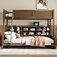 DNChuan Twin XL Over Queen Bunk Bed with Storage Shelves and USB Ports,Wooden Bunker Bed Frame and Underneath Bookshelf,No Box Spring Needed,Kids,Adults-Antique Wood