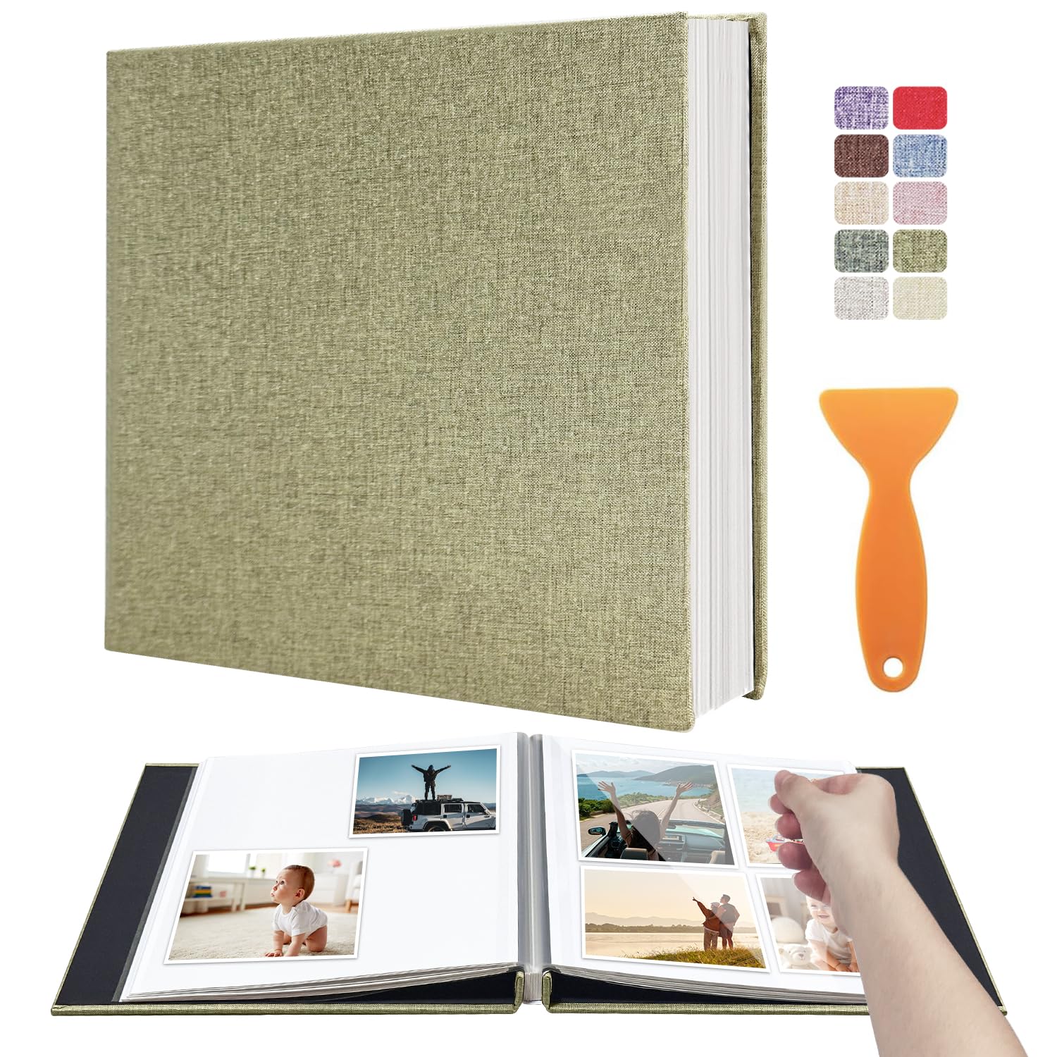 Large Photo Album Scrapbook, Holds 4x6, 8x10 Pictures, Self-Adhesive Pages for Baby, Wedding, Travel & Family Memories, Includes Metallic Pen & Scraper, Light Matcha DIY Memory Book for Gifts Image