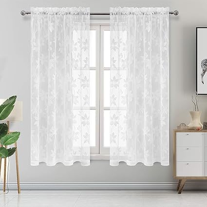Dwcn Floral Lace Sheer Curtains Rod Pocket Window Voile Sheer Drapes For Bedroom Kitchen Short Curtains 52 X 72 Inches Long Set Of 2 White Curtain