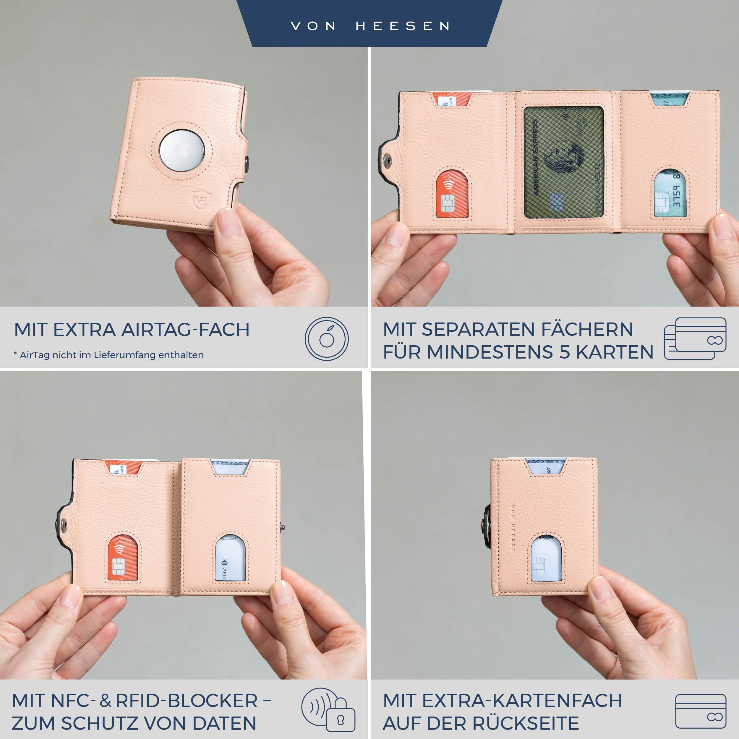 VON HEESEN Airtag Slim Wallet mit RFID-Schutz - Airtag Portmonee Herren klein aus echtem Leder - Mini Geldbörse - Kreditkartenetui Kartenetui - Portemonnaie Geldbeutel (Rose) 2