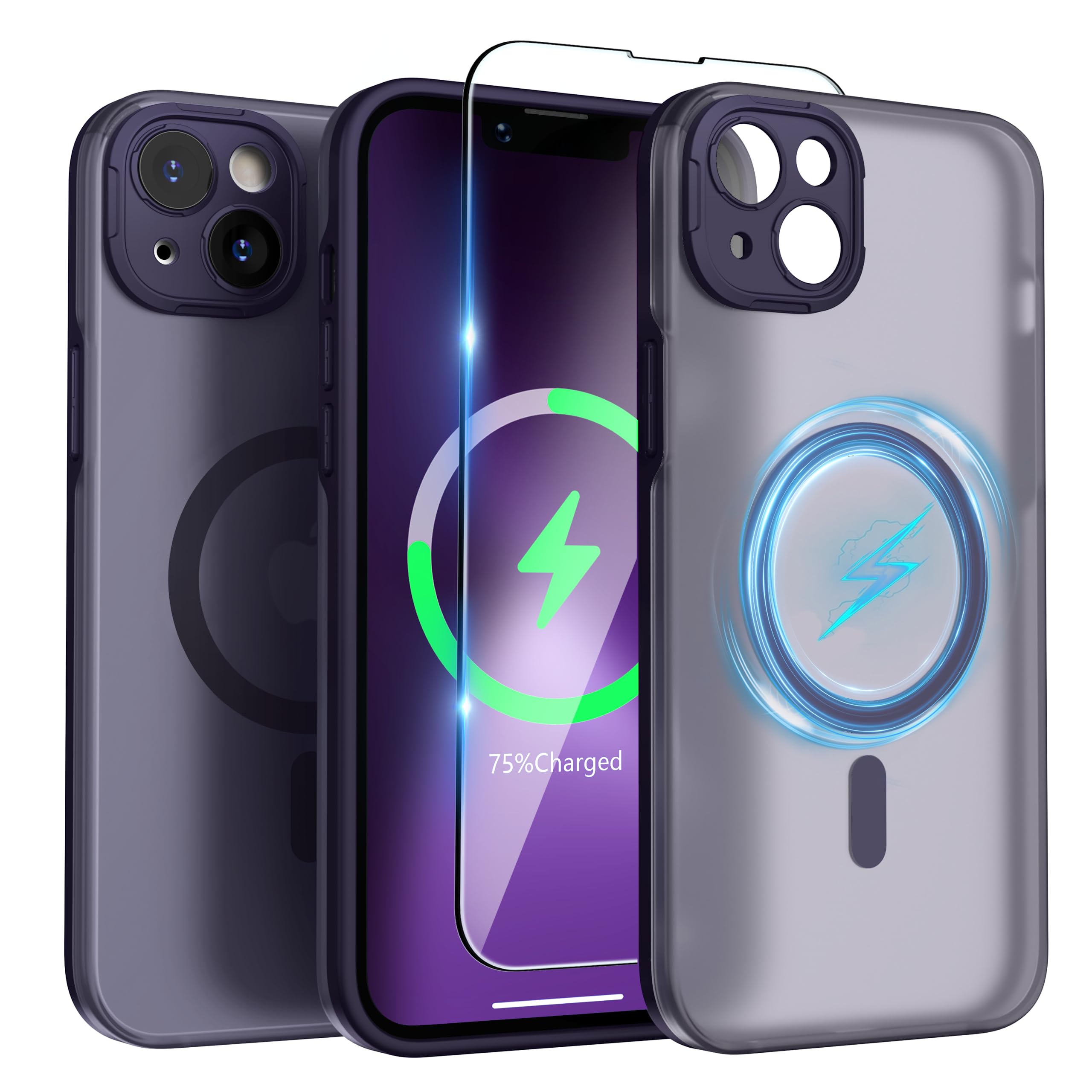 SURPHY Designed for iPhone 14 Case Compatible with MagSafe (6.1 inch, 2022), with Screen Protector & Camera Protector Translucent Matte Phone Case, Purple