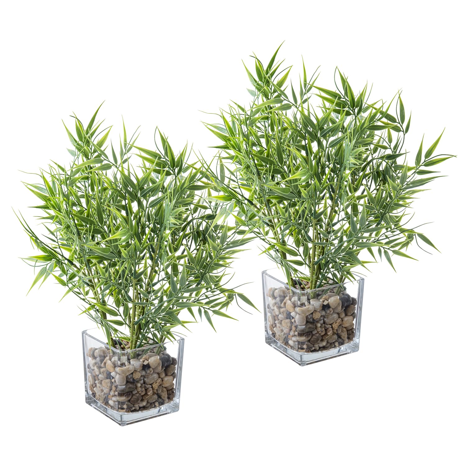 Photo 1 of MyGift 16 Inch Tall Tabletop Artificial Bamboo Leaves Plant Potted in Clear Glass Square Pots, Indoor Faux Greenery Table Centerpiece Home Office Decor, Set of 2