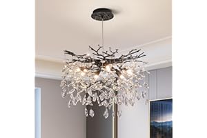 WITKEY Modern Tree Branch Crystal Chandelier Luxury Black Crystal Pendant Lighting 18" Contemporary 6-Light Chandeliers for Dining Room Kitchen Bedroom Living Room
