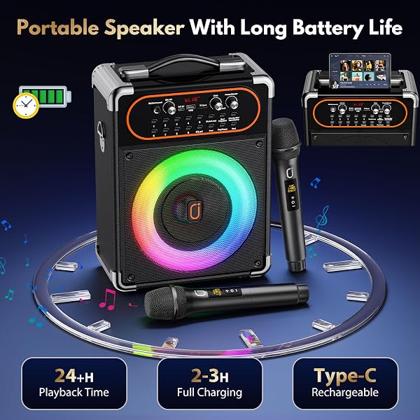 HWWR KARAOKE MACHINE WITH 2 WIRELESS 2.4G 0-DELAY MICROPHONES FOR ADULTS,PORTABLE BLUETOOTH 5.3 SPEAKER WITH ECHO ADJUSTMENT AND DEEP BASS,SUPPORTS TWS/TV/GUITAR FOR FAMILY PARTY,BACKYARD BBQ(2 MICS)