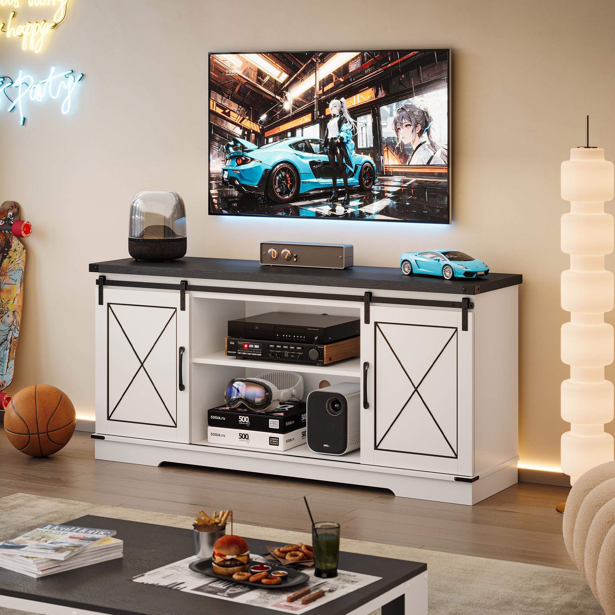 Photo 1 of ***Damaged Packaging*** Garvee Gaming TV Stand for Up to 65 Inch TV, Entertainment Center with Adjustable Shelves & Cable Management, Sturdy Media Console for PS5/Xbox, Gaming Room Furniture in White & Black