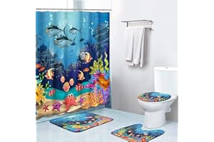 Britimes 4 Piece Shower Curtain Sets, Blue Ocean Fish with Non-Slip Rugs, Toilet Lid Cover and Bath Mat, for Bathroom Decor Set, 72" x 72"