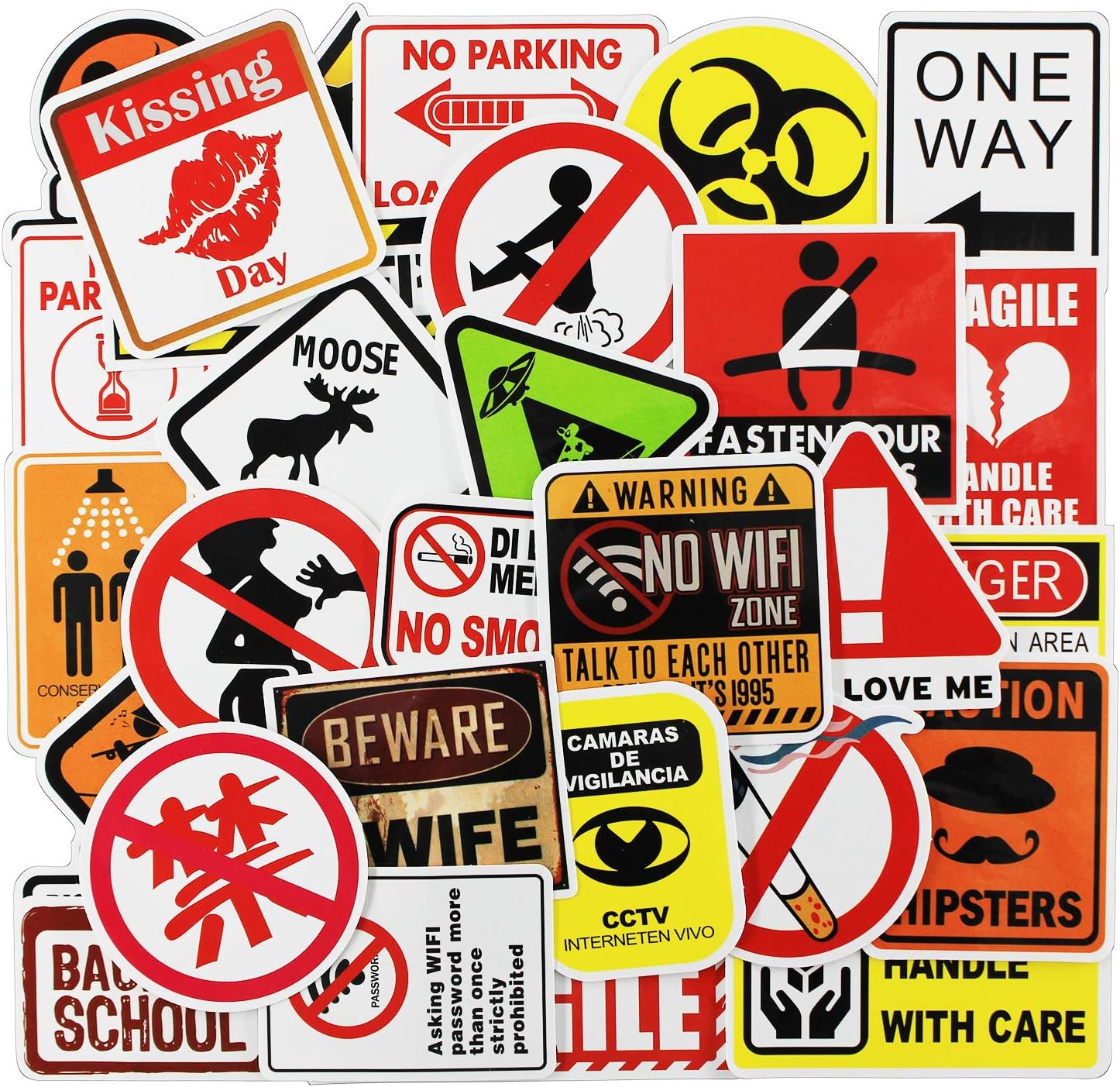 Funny Cool Warning Sign Stickers 100 Pcs/Pack Variety Fun Waterproof Vinyl Caution Mark Graffiti Decal for Kid Teens Adults Snowboard Water Bottle Car Motorcycle Skateboard Travel Case Laptop
