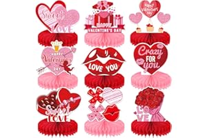 HEYPRIIL Valentines Day Decorations Honeycomb Centerpiece, 9PCS Valentines Day Table Decor Heart Love XOXO Table Toppers Decorations Party Supplies, Pink Red