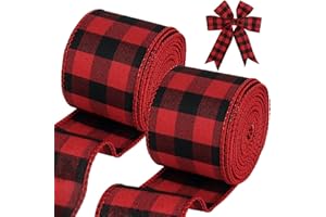 Tenn Well Buffalo Plaid Ribbon, 19.6 Yards 2.5 inch Wired Christmas Ribbon, Orange, Red and Green Plaid Ribbon for Bow Making, Gift Wrapping, Wreath Making, Tree Decoration(2 Roll x 9.8 Yards)