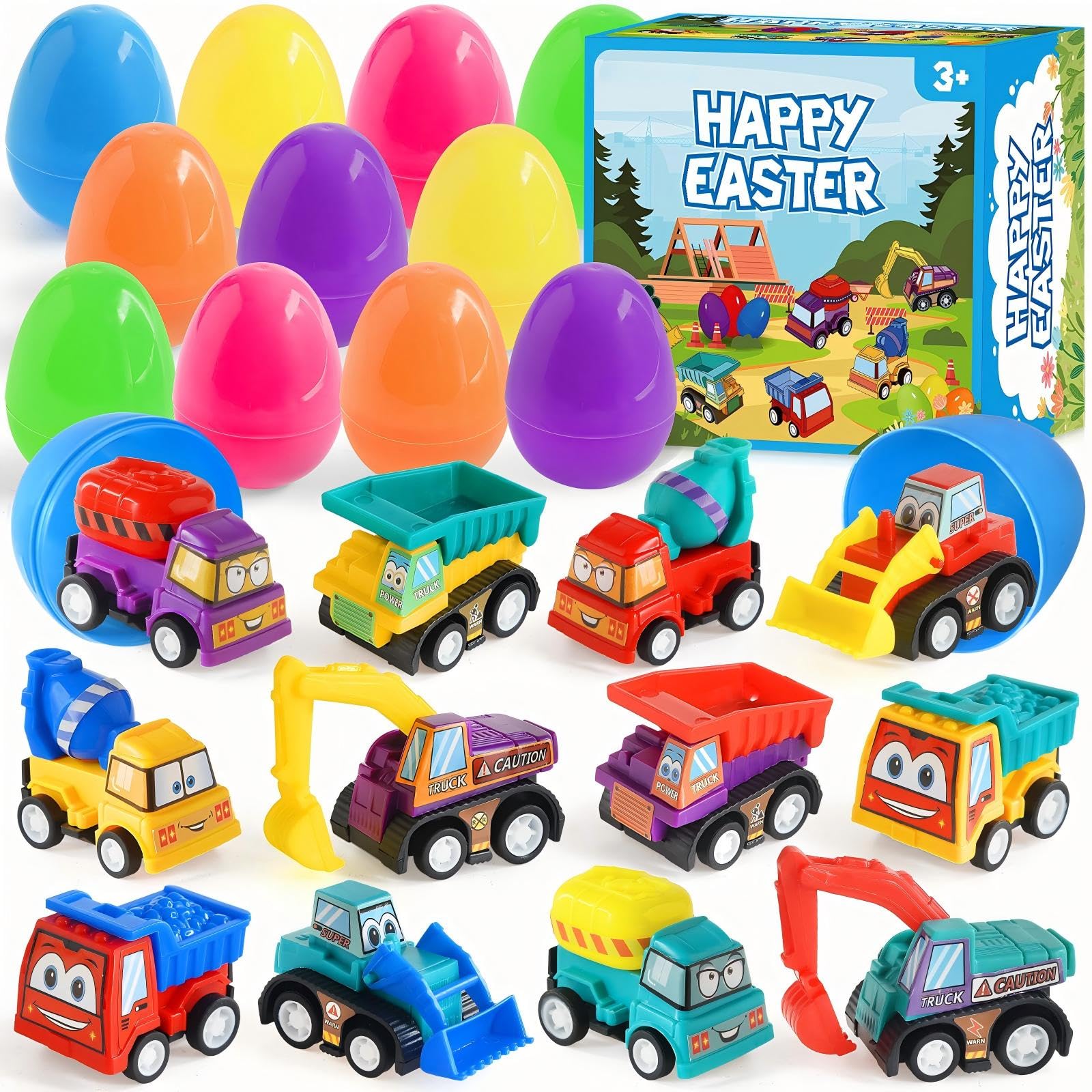 Prefilled Easter Eggs with Pull-Back Engineering Car Toys, 12 Pcs Colorful Surprise Eggs with Construction Truck Gifts for kids, Easter Egg Hunt Supplies, Basket Stuffers, Classroom Prizes Supplies