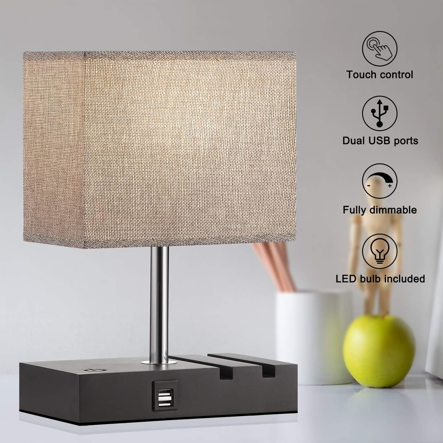 Touch Control Bedside Lamp with 2 USB Ports, Aooshine Fully-Dimming USB Table Lamp with 2 Phone Stands and Low Voltage Led Bulb, Grey Fabric Shade Modern Style, Suitable for Bedroom, Living Room, Off: Home Improvement