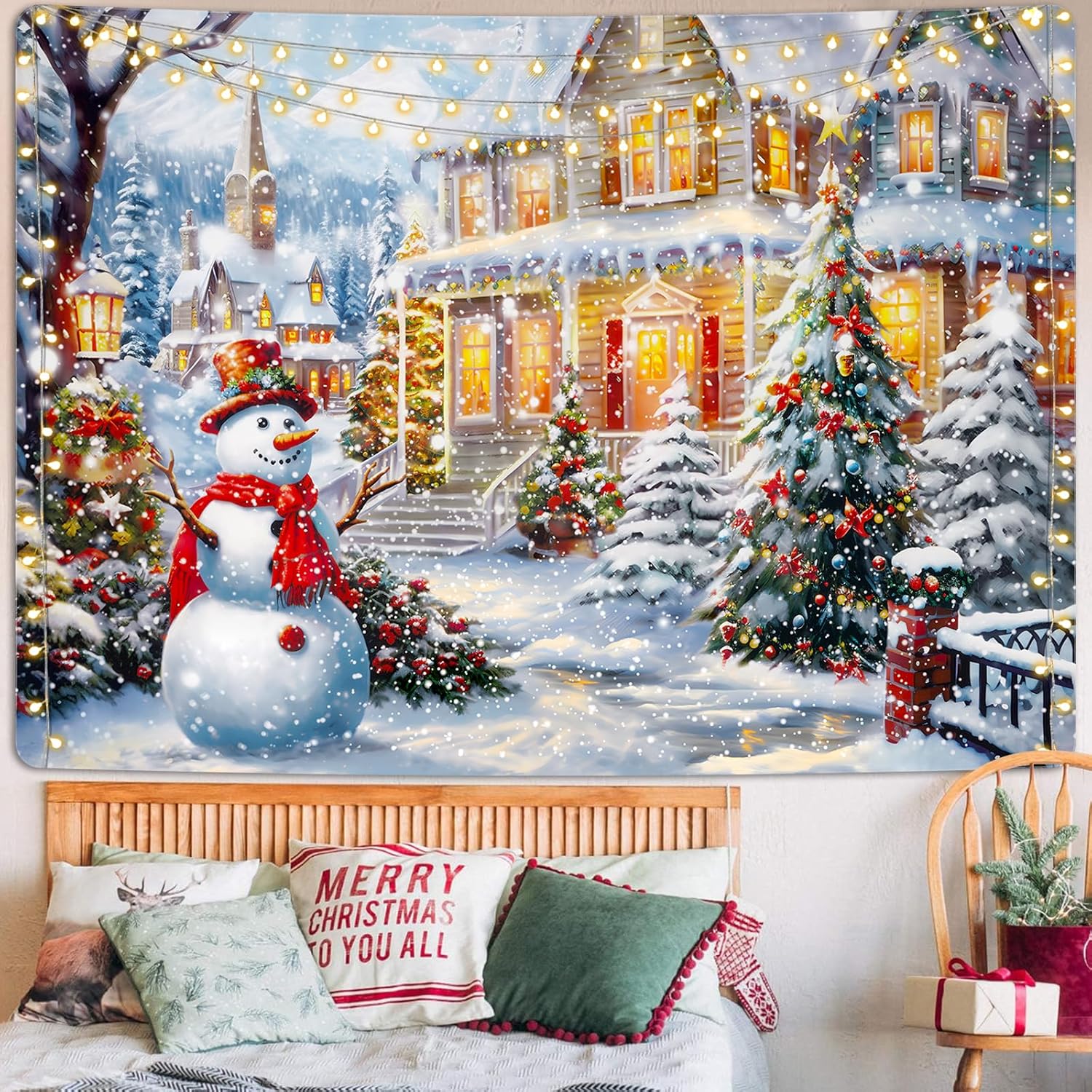 Tapestries - Krelymics Christmas Tapestry Xmas Tree Tapestries Snowman Tapestry Snow Happy New Year Backdrop Decor Winter Warm House Tapestry Wall Hanging for Bedroom(59.1 x 82.7 inches)