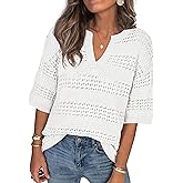 PRETTYGARDEN Womens Crochet Tops Casual Cotton Hollow Out Knit Short Sleeve Oversized Sweater for Women Summer Beach Cover Up
