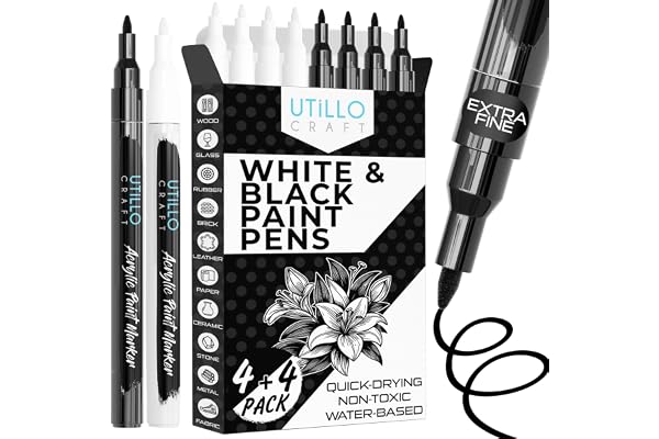 Utillo Craft Black and White Paint Pens (8-Pack) Extra Fine 0.7mm | Paint Markers for Metal, Fabric, Wood, Glass, Paper, Plas