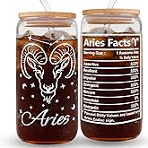 FatWongcoi Aries Gifts for Women - Birthday Gifts for Friend - Aries Coffee Mug for Family - Astrology Zodiac Glass Cups with Lids and Straws - 16oz Aries Iced Coffee Cup for Mom Dad Coworkers