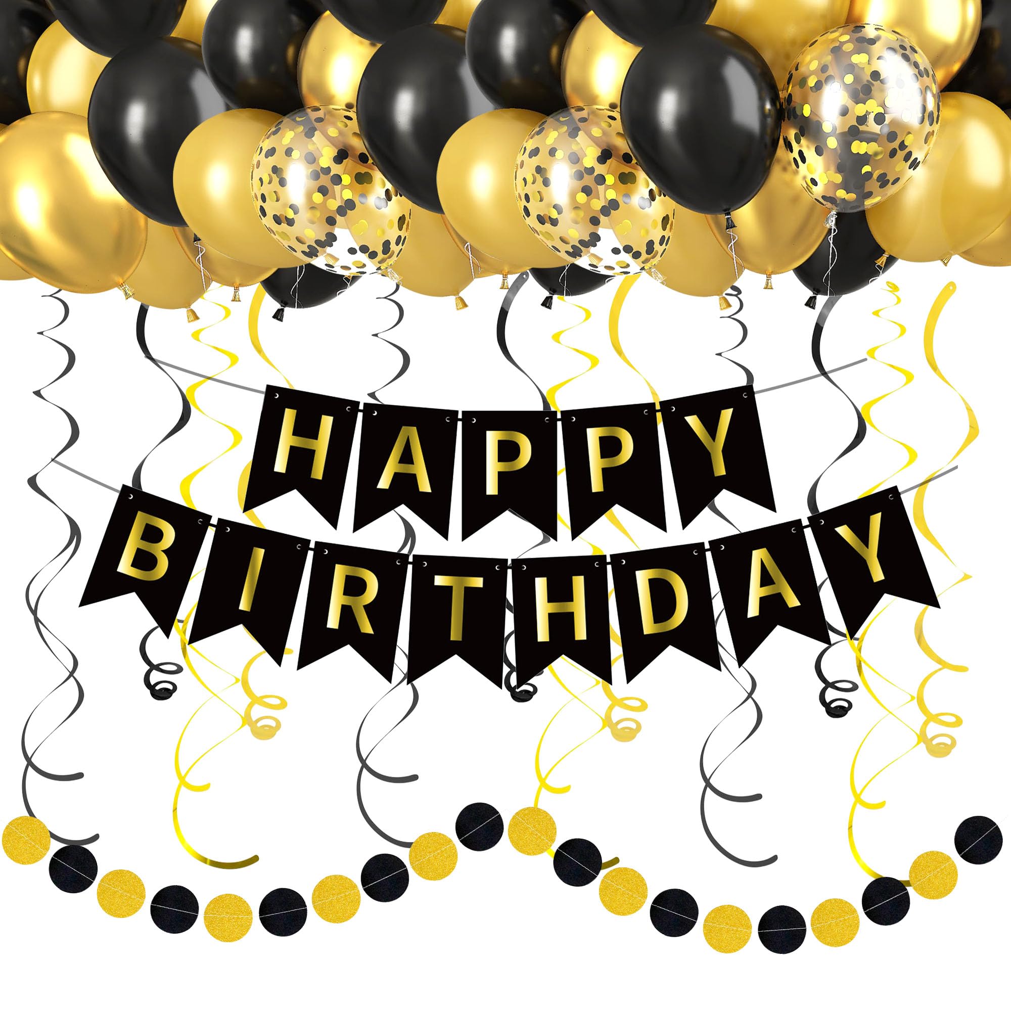 Photo 1 of CANREVEL Black and Gold Happy Birthday Decorations, Happy Birthday Banner, Metallic Hanging Swirls, Circle Dots Garland, Party Balloons, Black and Gold Birthday Party Supplies for Women Men Boys Girls