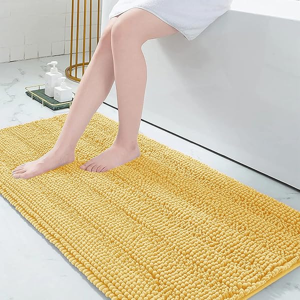 GRANDAILY CHENILLE STRIPED BATHROOM RUGS 59X24, EXTRA THICK AND ABSORBENT BATH MATS, NON-SLIP SOFT PLUSH SHAGGY SHOWER CARPET, MACHINE WASH DRY, BATH RUG FOR BATHROOM, YELLOW