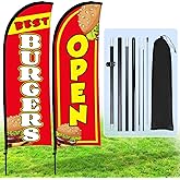 Buryeah 2 Sets Burgers Open Feather Flag for Business Advertising 8 ft Feather Flag Sign with Flagpole Ground Stake Portable Bag Burgers Banner for Outside (Red)