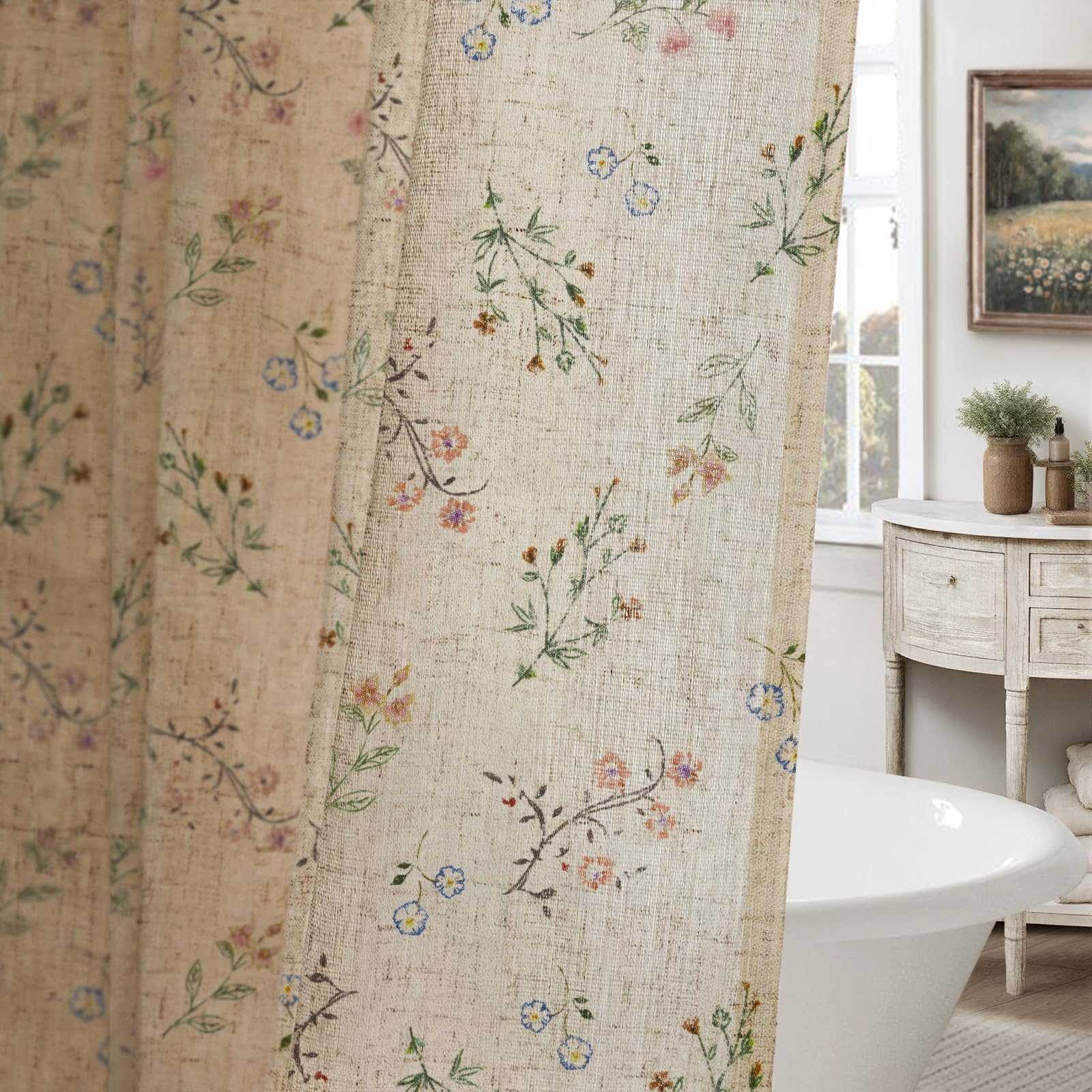 XOGUIBO Floral Vintage Linen Shower Curtain, French Country Shower Curtains for Bathroom, 72Wx78H