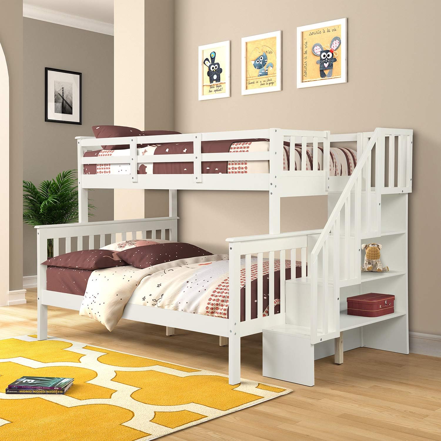 MERITLINE Bunk Beds Twin Over Full Size, Mission Style Wood
