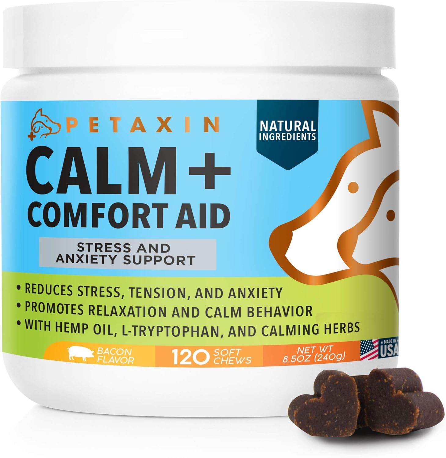 Petaxin Calming Treats for Dogs - Stress & Anxiety Relief for Dogs - Supports Calm & Relaxed Behavior - Chamomile, Ginger, Valerian Root & More for Thunder, Fireworks, Travel, Separation - 120 Chews