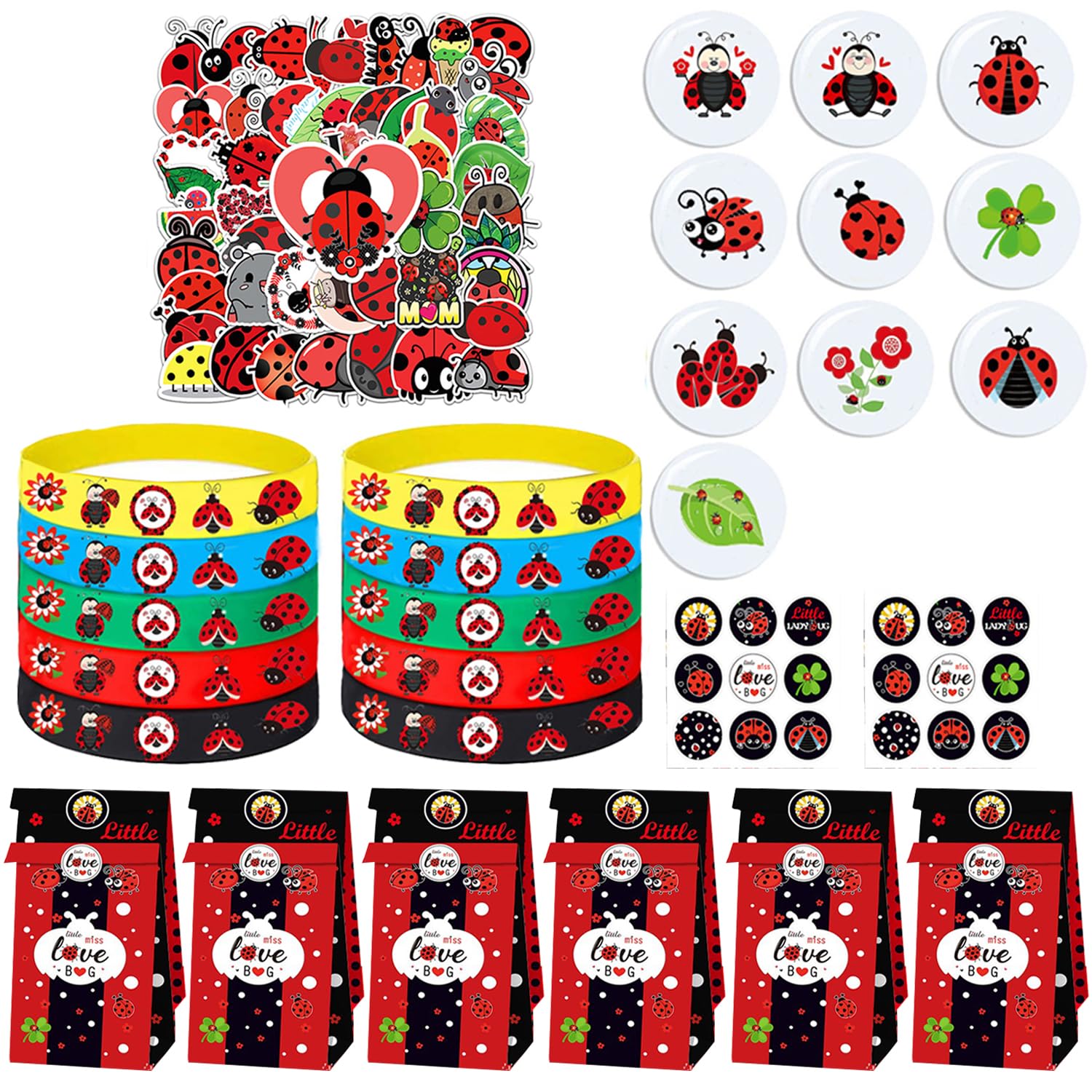 Ghberll Ladybug Birthday Party Favor Supplies Packs Include 10 Candy Treat Goodie Bags,10 Silicone Wristbands,10 Button Badges,50 Stickers for Girls Boys Kids Party Decoration Gift Set, Red (LPP-003)