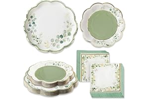 Kate Aspen Sage Green Party Decorations, Eucalyptus Floral Botanical Garden 62 Piece Plates and Napkins Party Supplies (16 Guests) Greenery Baby Shower Decorations & Bridal Shower Decor