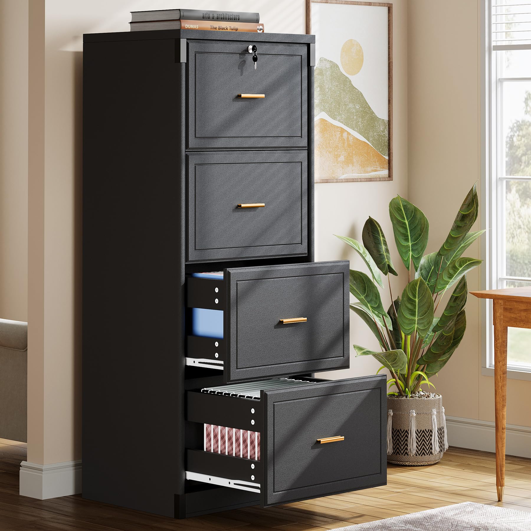Photo 1 of Tribesigns 4 Drawer File Cabinet with Lock, Locking Filing Cabinet with Key, Wooden File Cabinets for Home Office, Vertical Storage Cabinets for Letter/A4/Legal Size Files, Black