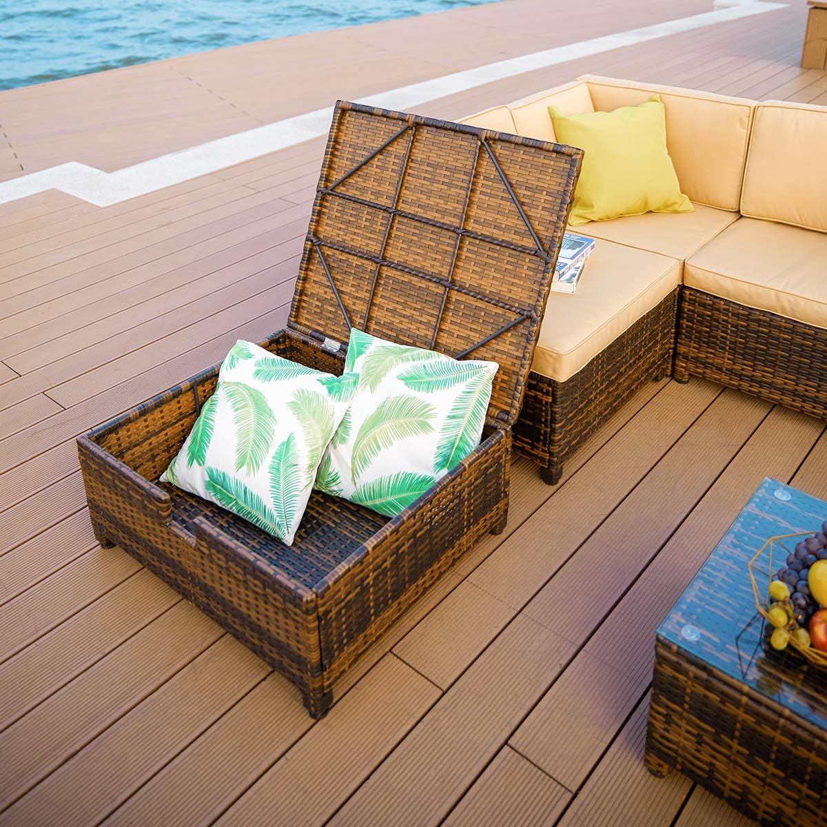 Pe Rattan Outdoor Sectional Sofa With Cushioned Seat And Coffee Table 6 Piece Adjustable Back Support Porch Patio Pamapic 6pcs Wicker Furniture Set With Lounge Chair And Storage Function Mix Brown Conversation