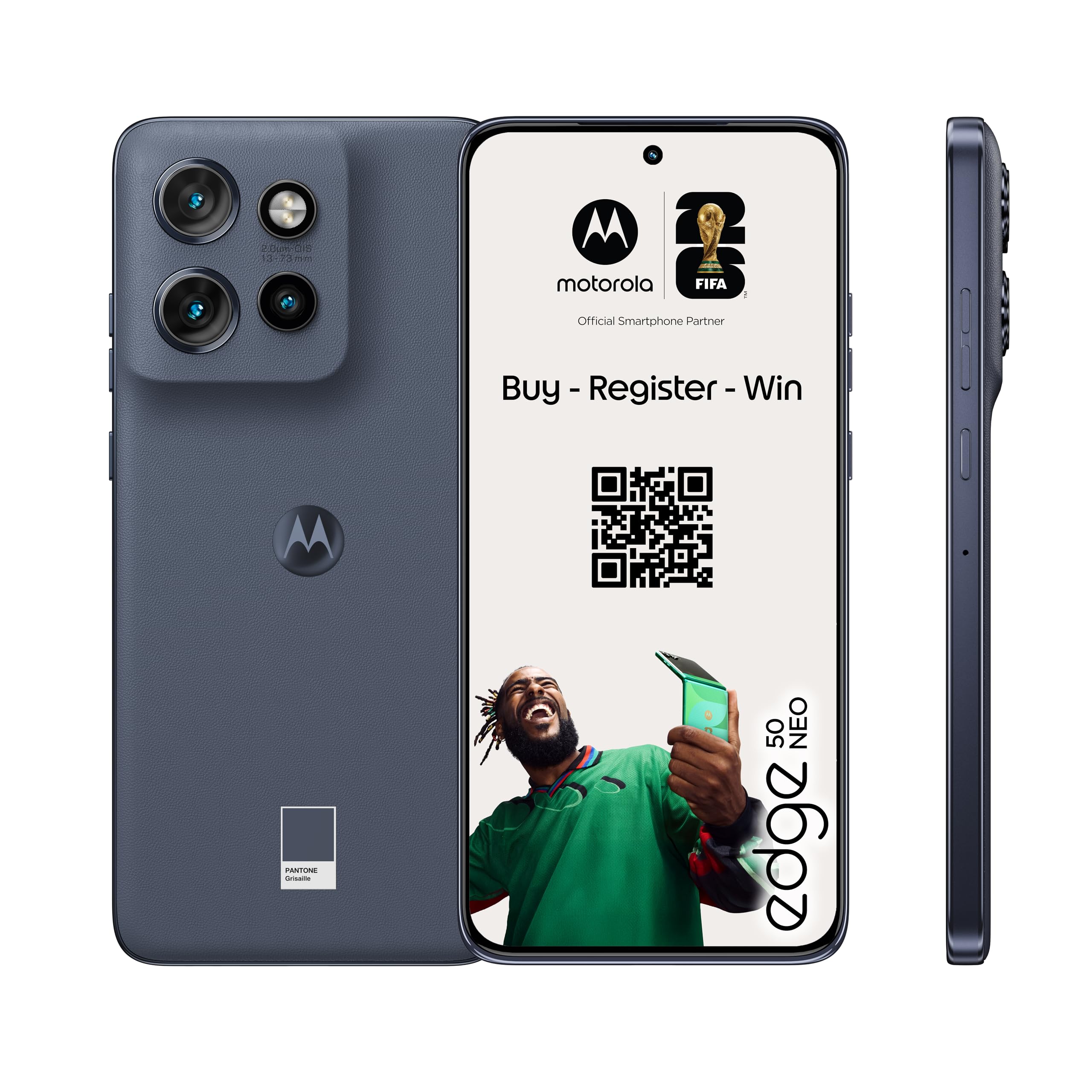 Motorola edge50 neo Smartphone (6,36"-Super-HD-Display, 50-MP-Kamera mit Moto-KI, 8/256 GB, 4310 mAh, Android 14) Pantone Grisaille (Veganes Kunstleder), inkl. Schutzcover