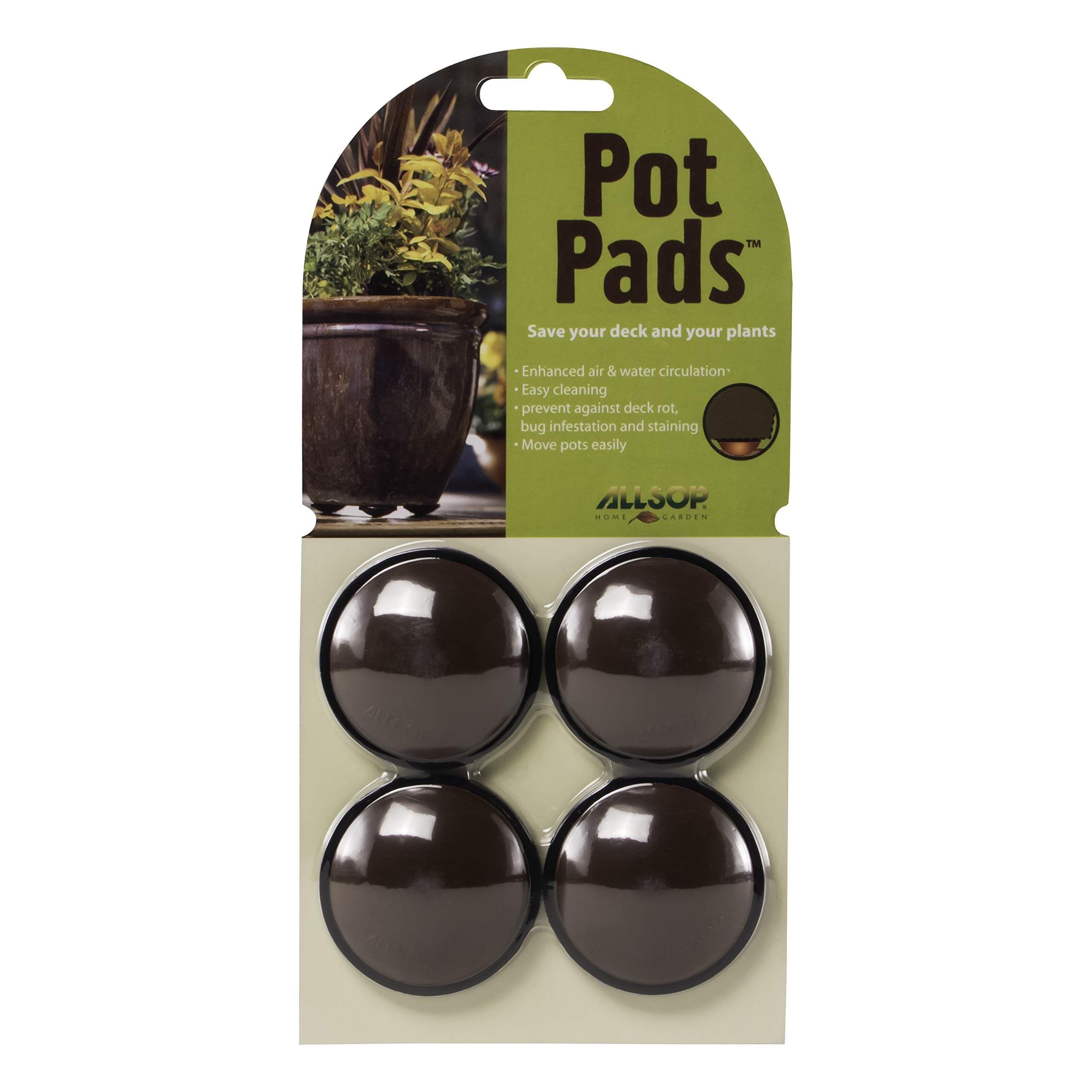 Allsop Home and Garden Pot Pads, Deck and Patio Protection with 3,000 lbs Rating, Discreet Non-Skid Planter pad Lifters/risers/feet/Toes, (Cocoa, Set of Four, 1-Count)