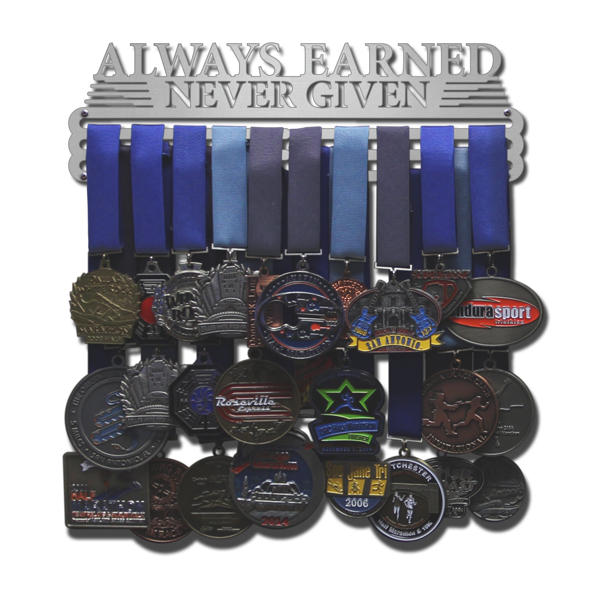 Allied Medal Hangers - Always Earned Never Given (compact) - Multiple Medal Holder Display Rack (12" wide with 3 hang bars)