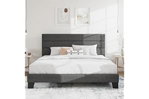 SHA CERLIN King Platform Bed Frame with Upholstered Fabric Headboard, Mattress Foundation with Strong Wooden Slats Support, No Box Spring Needed, Grey