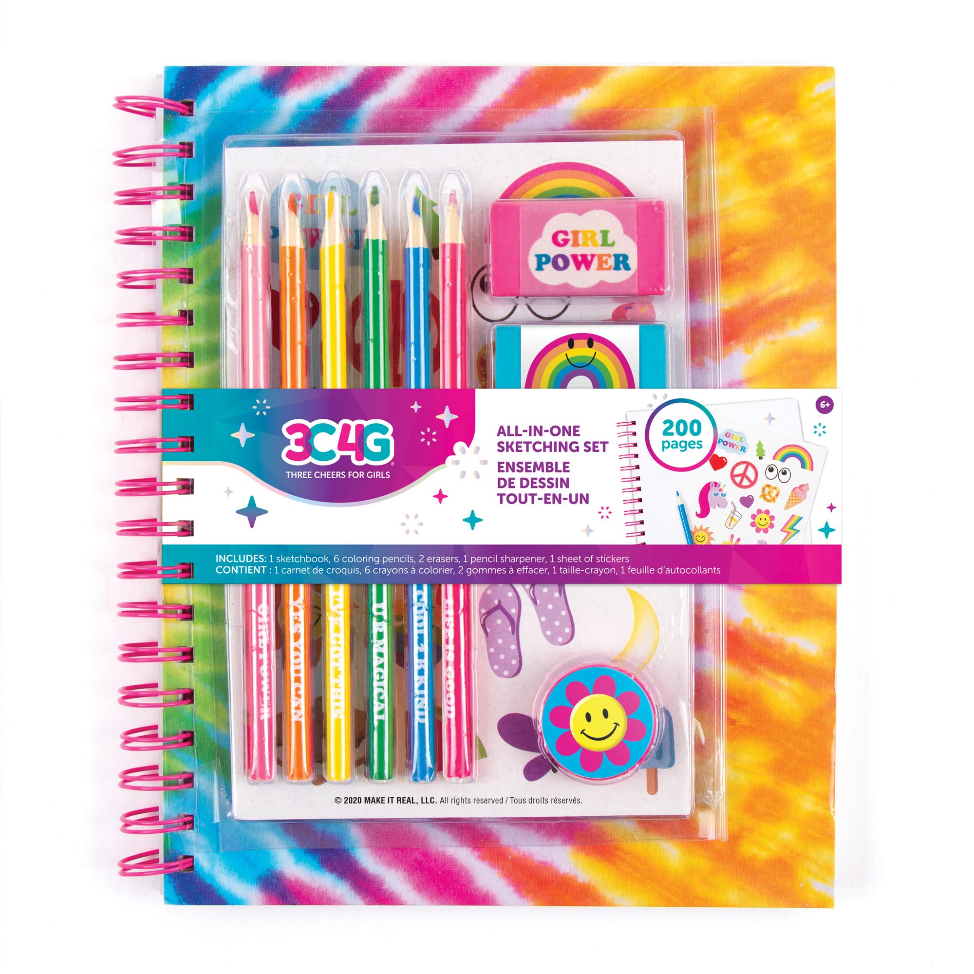 Three Cheers for Girls by Make It Real Rainbow Tie Dye Stationery Set - Journal Notebook with Pencils & Cute Stickers - Arts and Crafts for Kids