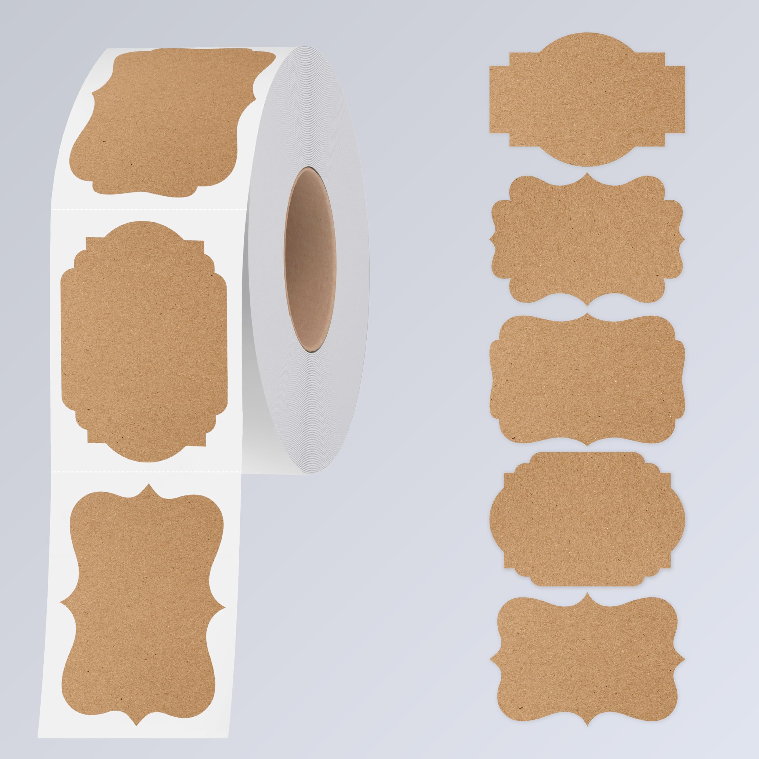 Photo 1 of 300 PCS Kraft Blank Stickers, 5 Fancy Shapes Labels Blank Stickers Roll Rustic Name Tags with Permanent Adhesive for File Folders, Food Jars, Gift Tags, Home Office Business Uses (2” x 3”)