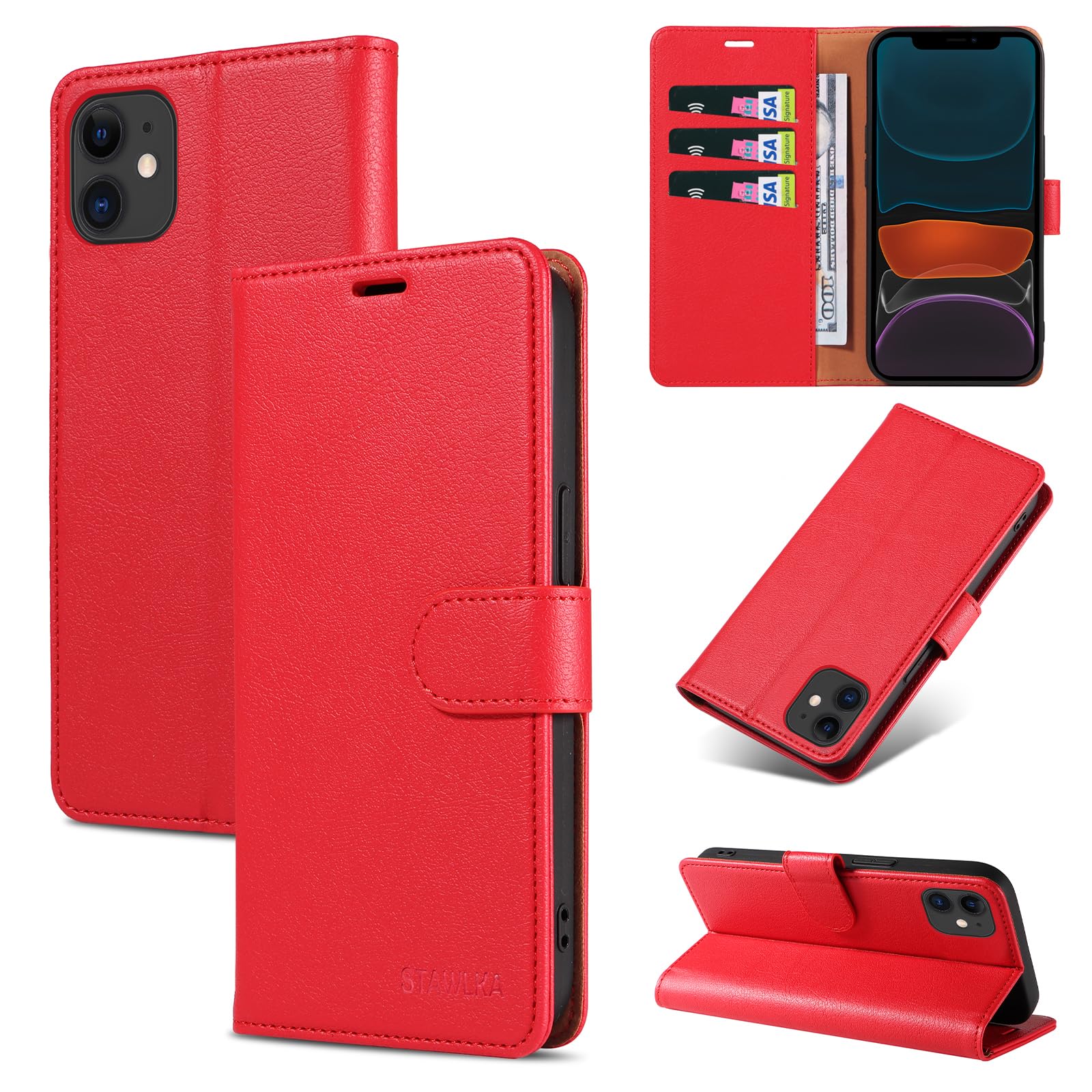 STAWLKA Case for iPhone 11, Premium PU Leather Flip Magnetic Buckle Wallet Case Kickstand Blocking RFID Shockproof Protective Phone Cover for iPhone 11 - Red