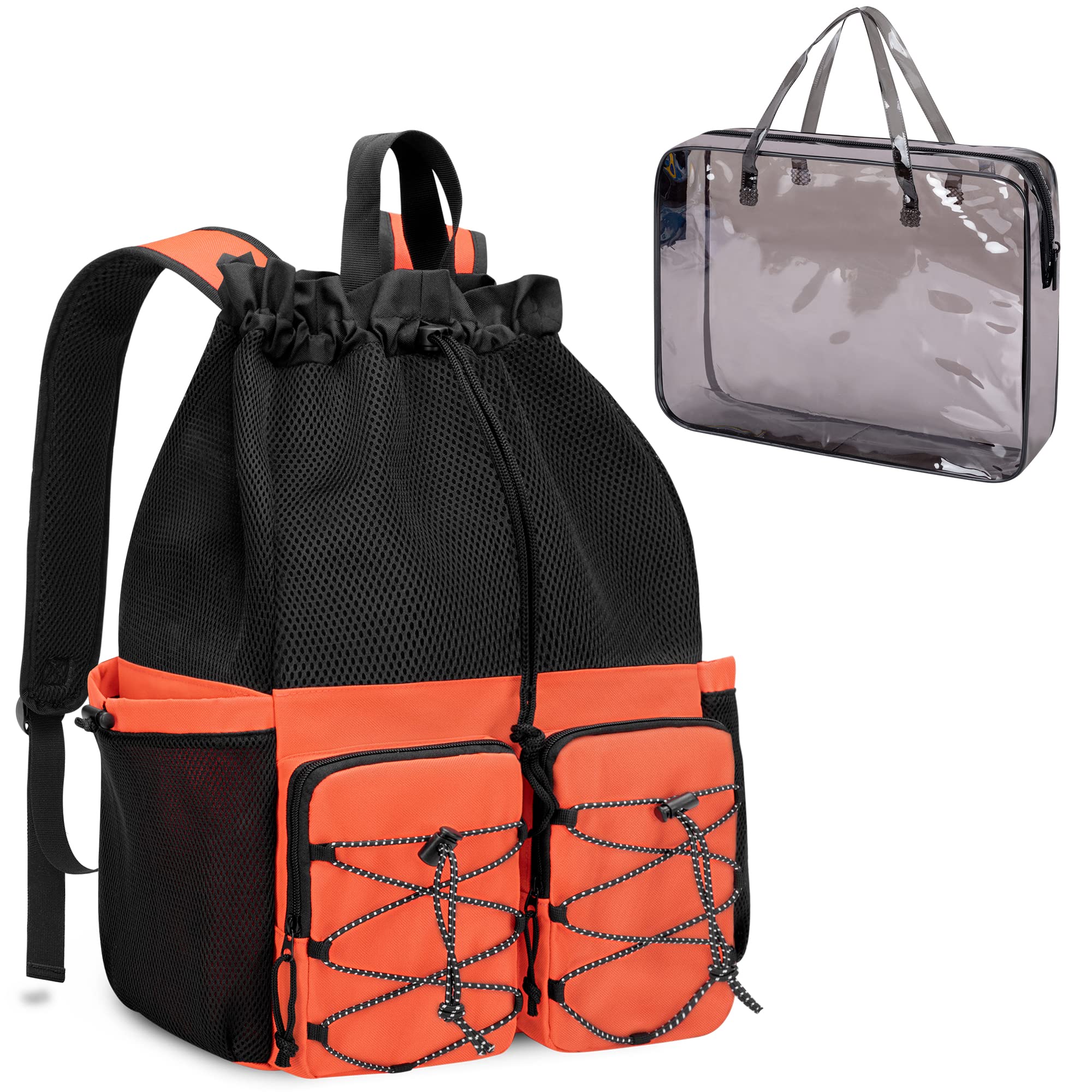 Fasrom Mesh Beach Backpack with Waterproof Bag and Pocket, Large Drawstring Swim Bag Backpack for Travel, Gym and Pool Sports, Orange (Patent Design)
