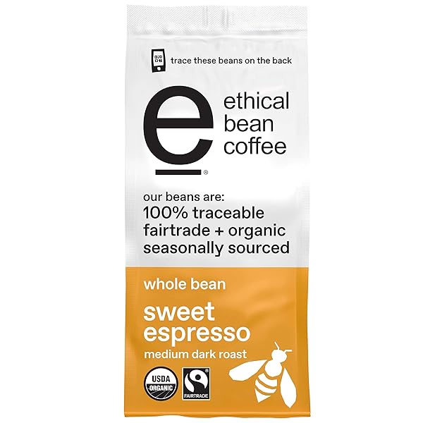 ETHICAL BEAN FAIRTRADE ORGANIC COFFEE, WHOLE BEAN ESPRESSO COFFEE (12 OZ BAG), SWEET ESPRESSO MEDIUM DARK ROAST, 0.75 LB