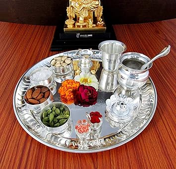 GoldGiftIdeas Silver-Plated Pooja Thali Set (Silver)