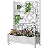 WTFGO Elevated Raised Garden Bed with Trellis&amp;Wheels,Ashen-61.2" h | Planter Box with Trellis Outdoor, Raised Planter with Trellis with Drainage Holes &amp; Water Monitor for Climbing Plants