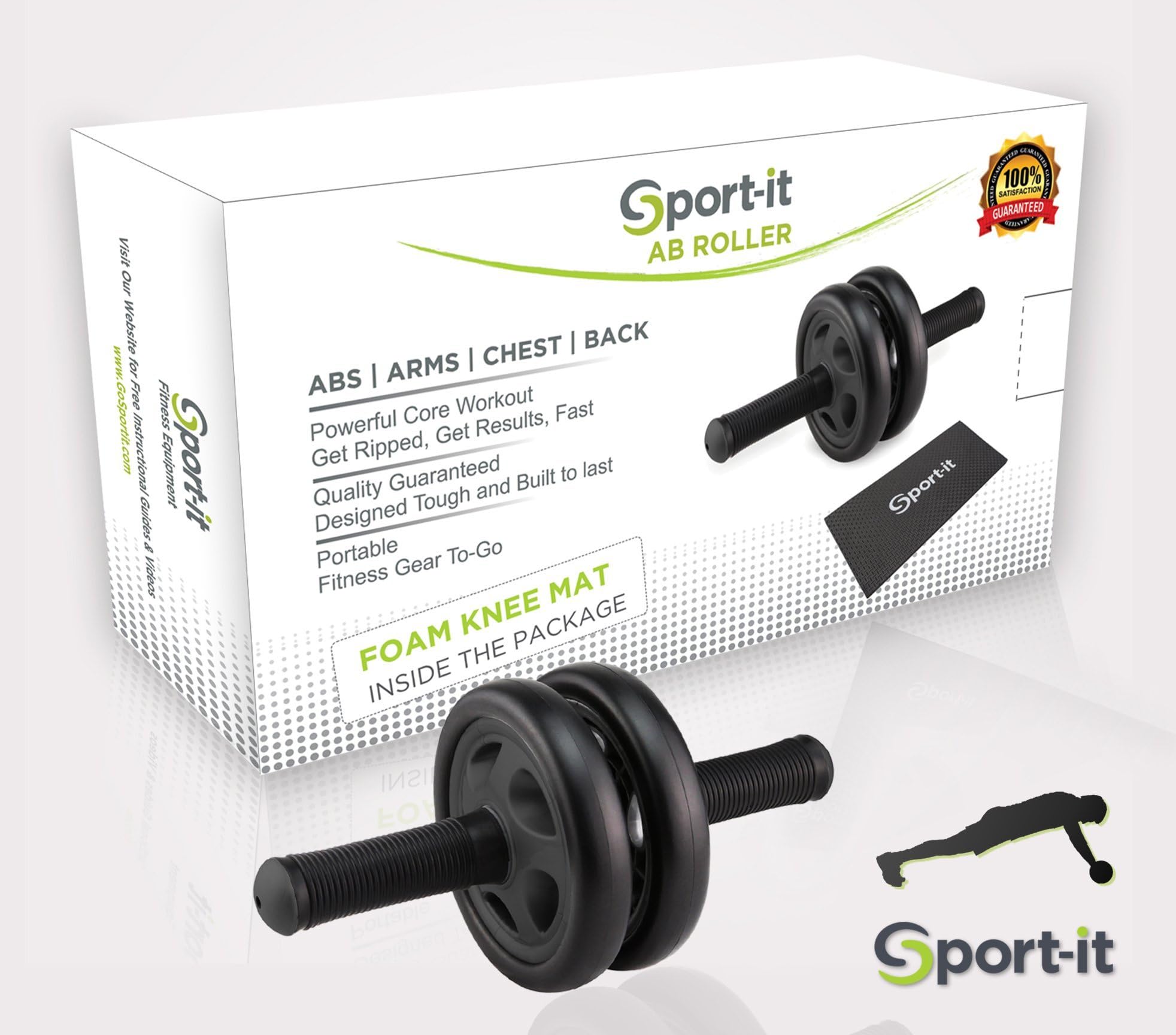 Top Quality Ab Roller + Knee Mat + BONUS Workout Guide | Sport-it Fitness Portable Ab Carver - Strong Stable Safe Rollouts - Comfortable Rubber Grips, Solid Steel Handle, 2 Wheel No Wobble Design.