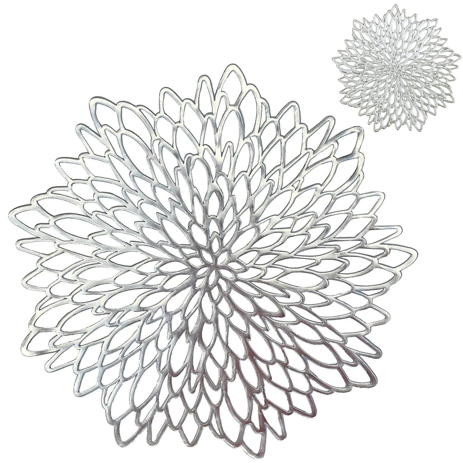 MI CASA Placemats and Coaster Set of 4, Silver Round Table Placemats Dining Table Mats Heat Resistant Anti-slip and Washable Place Mats for Christmas, Wedding, Dinner Parties, Restaurant, Hotel