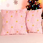 Hongsome Pink Christmas Decor-Throw Pillow Covers 18x18in Set of 2, Cute Soft Plush Faux Fur Pillow Case with Xmas Tree for Bedroom Office Couch Sofa Home Indoor Outdoor Holiday Decorations