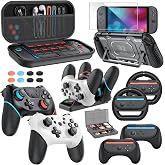 Switch Pro Controller Accessories Bundle for Nintendo Switch 2, Black&amp;White | Carrying Case, Controller Charger Dock, Grips for JoyCon,Steering Wheels for Mario Kart,Protective Cover for Switch 2 Console