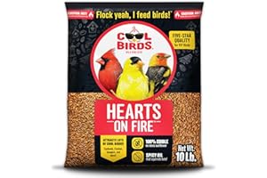 COOL BIRDS Hearts on Fire Hot Bird Seed – 10 lb. 100% Hulled Sunflower Hearts with Chili Pepper Oil – No Waste Bird Seed for Outside Feeders